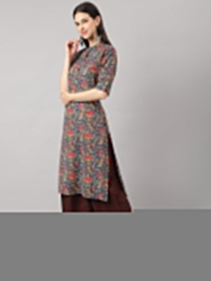 Blue And Red Cotton Katha Work Straight Kurta | LASVINI - Redefining Indian Fashion with Elegance