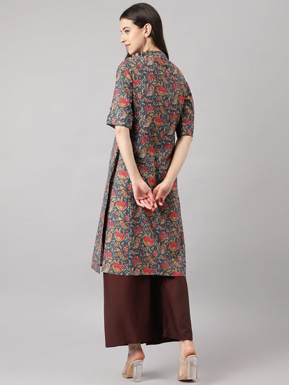 Blue And Red Cotton Katha Work Straight Kurta | LASVINI - Redefining Indian Fashion with Elegance