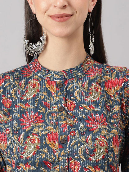 Blue And Red Cotton Katha Work Straight Kurta | LASVINI - Redefining Indian Fashion with Elegance