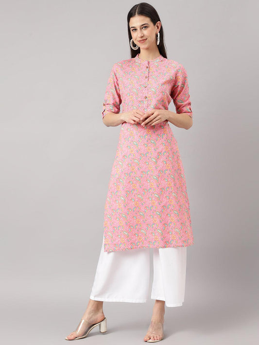 Pink And Green Cotton Katha Work Straight Kurta | LASVINI - Redefining Indian Fashion with Elegance