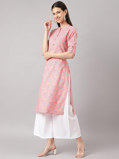 Pink And Green Cotton Katha Work Straight Kurta | LASVINI - Redefining Indian Fashion with Elegance