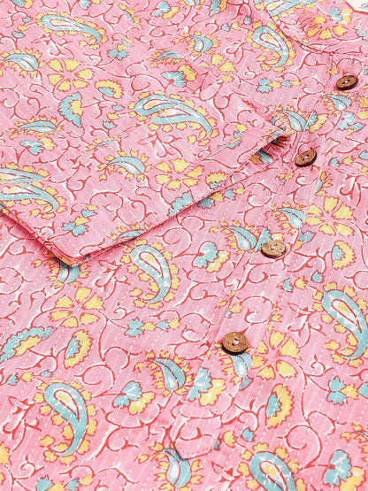 Pink And Green Cotton Katha Work Straight Kurta | LASVINI - Redefining Indian Fashion with Elegance