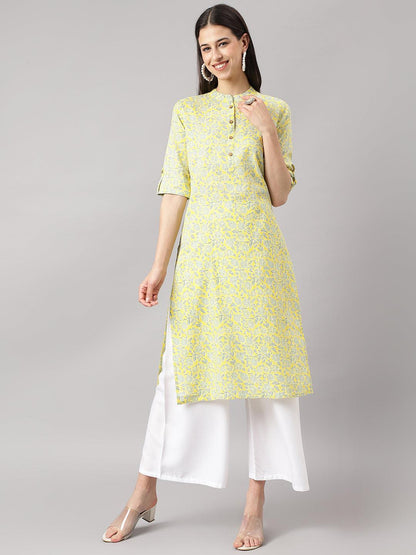 Mustard And Gray Cotton Katha Work Straight Kurta | LASVINI - Redefining Indian Fashion with Elegance