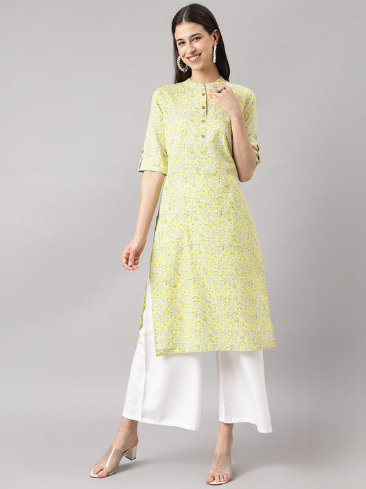 Mustard And Gray Cotton Katha Work Straight Kurta | LASVINI - Redefining Indian Fashion with Elegance