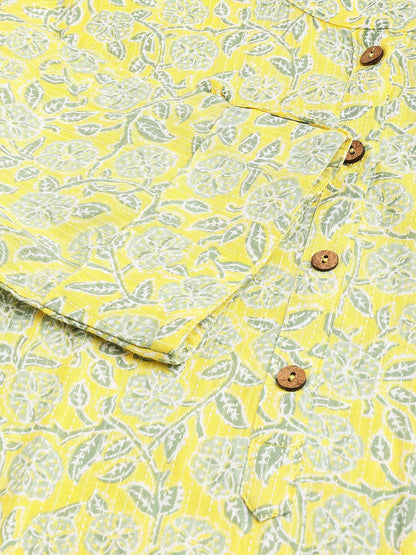 Mustard And Gray Cotton Katha Work Straight Kurta | LASVINI - Redefining Indian Fashion with Elegance