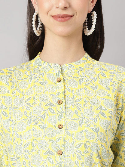 Mustard And Gray Cotton Katha Work Straight Kurta | LASVINI - Redefining Indian Fashion with Elegance