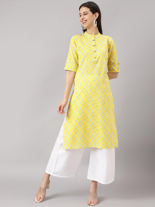 Yellow Cotton Katha Work Straight Kurta | LASVINI - Redefining Indian Fashion with Elegance