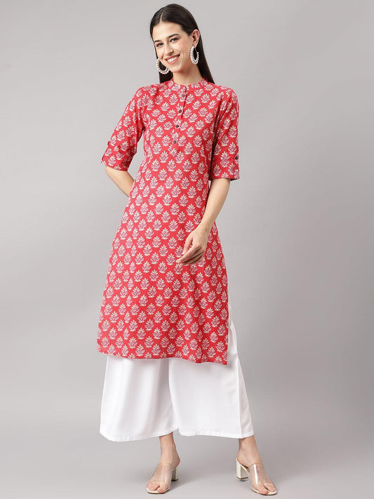 Red Cotton Katha Work Straight Kurta | LASVINI - Redefining Indian Fashion with Elegance