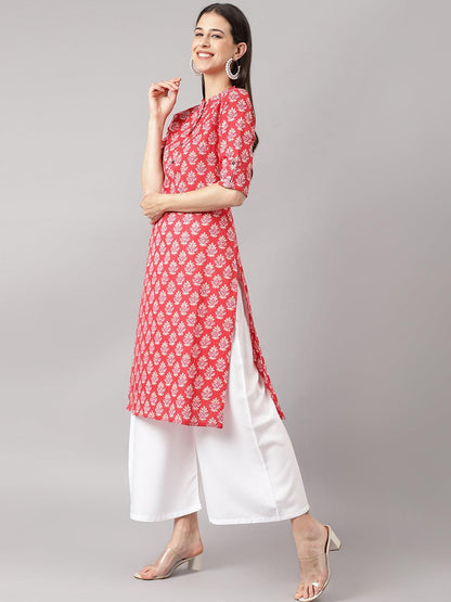 Red Cotton Katha Work Straight Kurta | LASVINI - Redefining Indian Fashion with Elegance