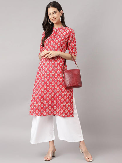 Red Cotton Katha Work Straight Kurta | LASVINI - Redefining Indian Fashion with Elegance