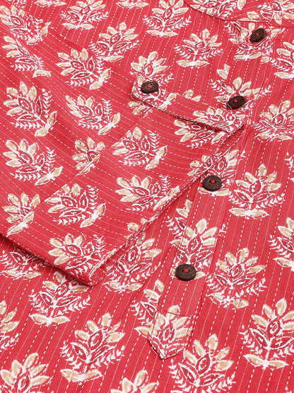 Red Cotton Katha Work Straight Kurta | LASVINI - Redefining Indian Fashion with Elegance