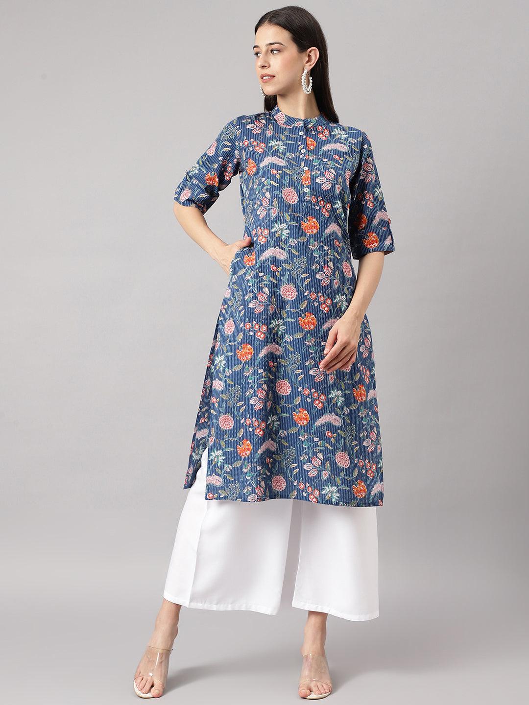 Blue And Orange Cotton Katha Work Straight Kurta | LASVINI - Redefining Indian Fashion with Elegance