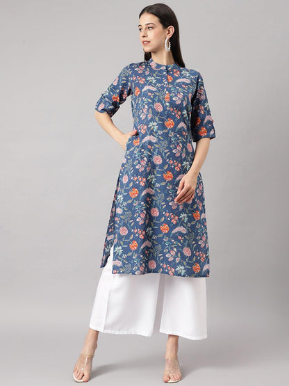 Blue And Orange Cotton Katha Work Straight Kurta | LASVINI - Redefining Indian Fashion with Elegance