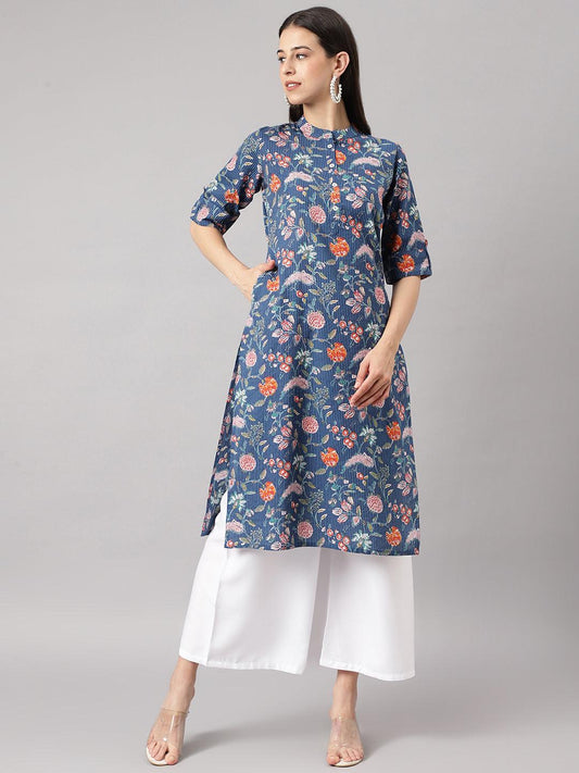 Blue And Orange Cotton Katha Work Straight Kurta | LASVINI - Redefining Indian Fashion with Elegance