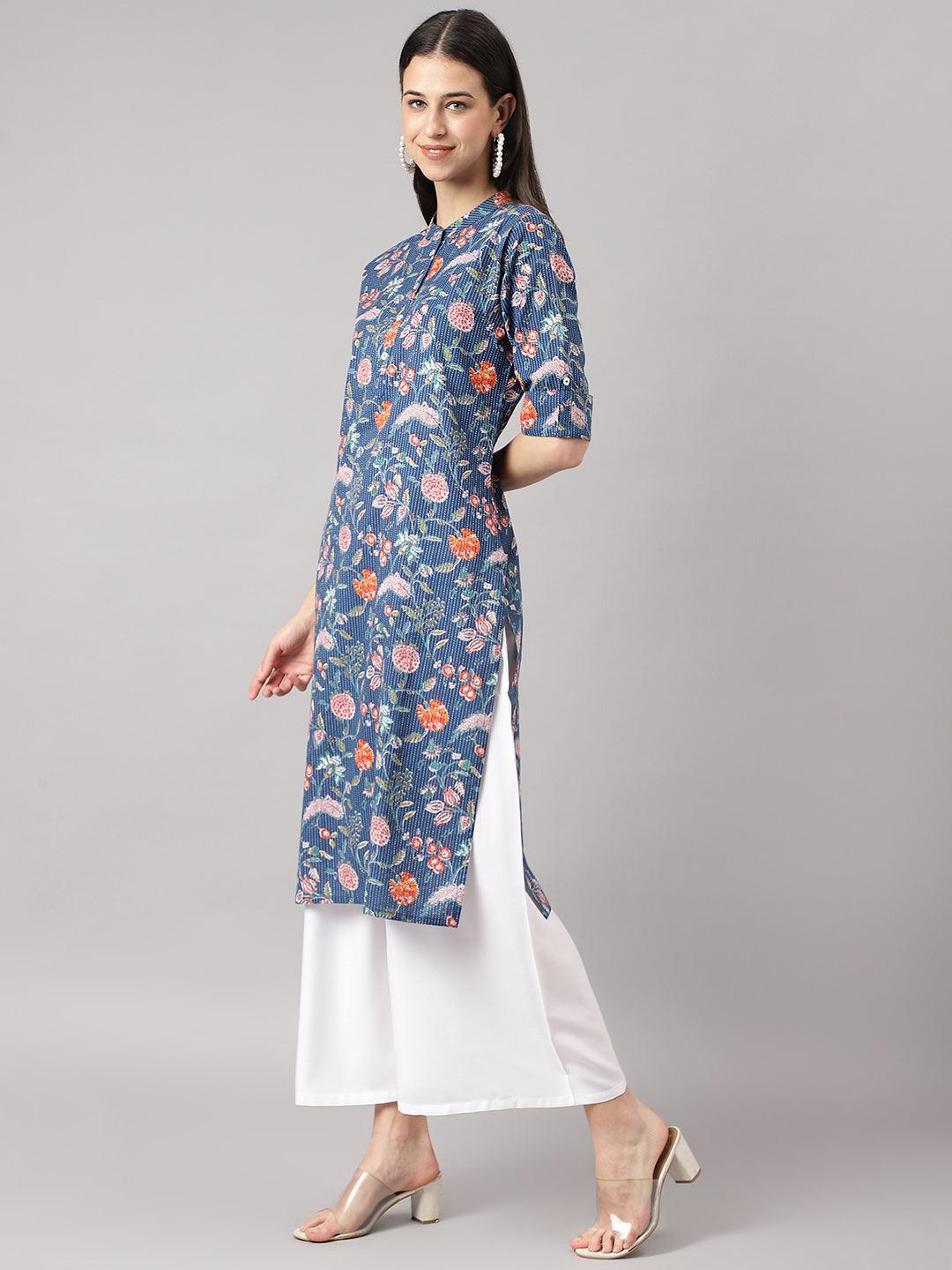 Blue And Orange Cotton Katha Work Straight Kurta | LASVINI - Redefining Indian Fashion with Elegance