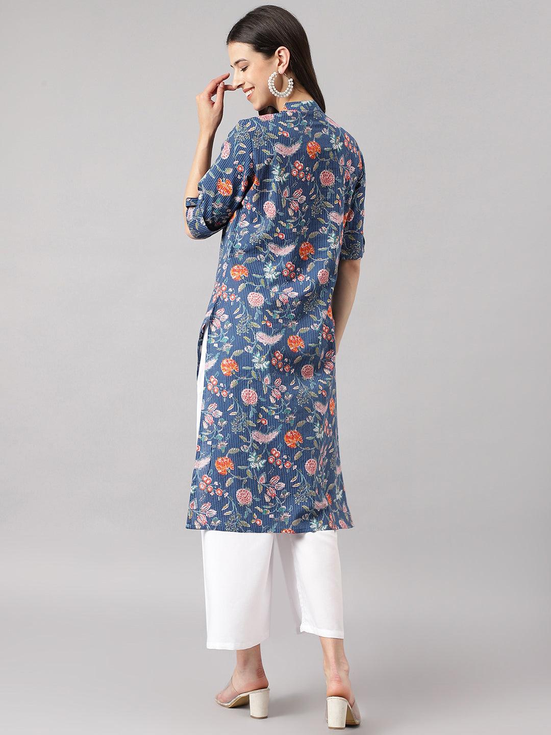 Blue And Orange Cotton Katha Work Straight Kurta | LASVINI - Redefining Indian Fashion with Elegance