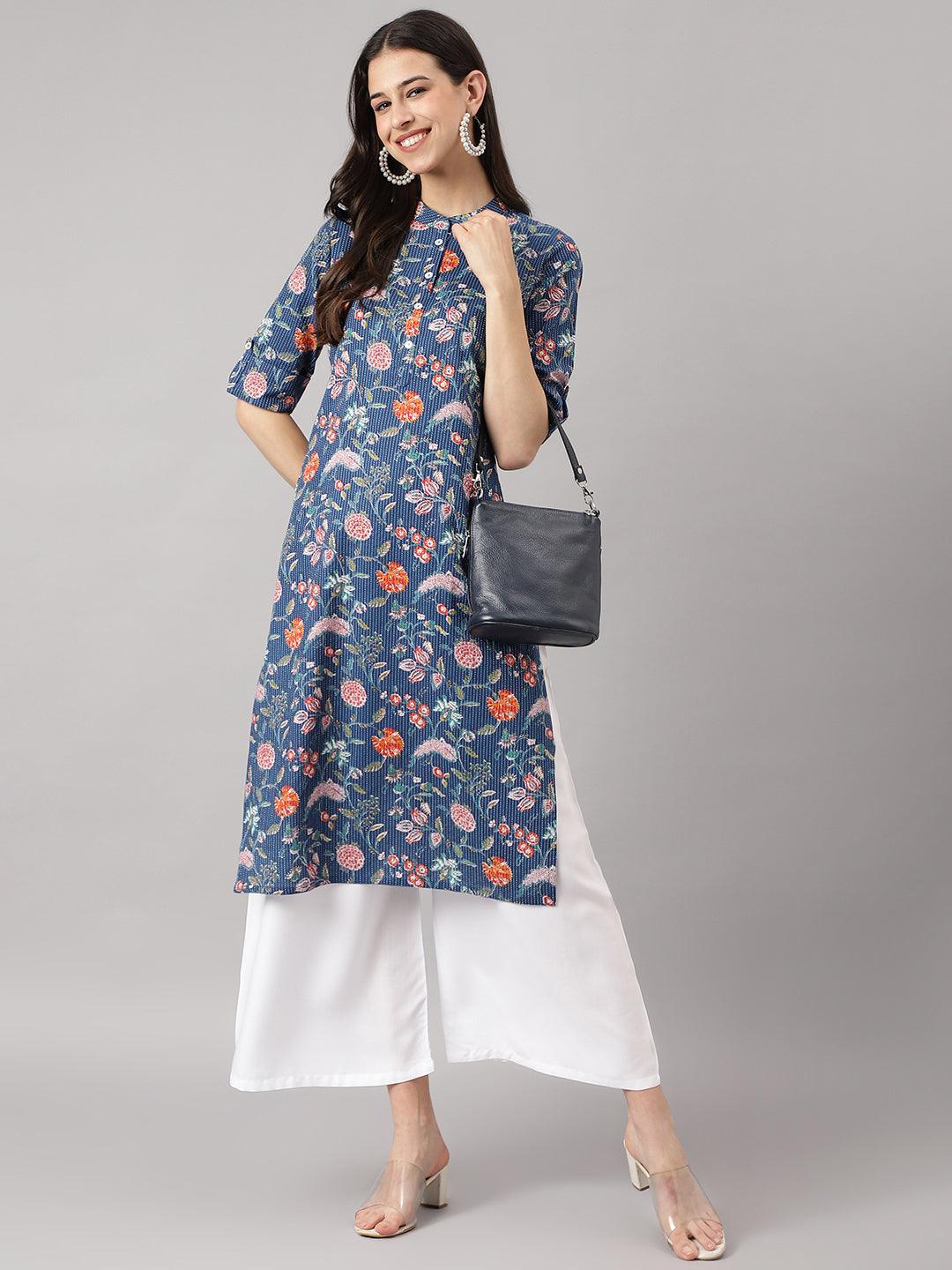 Blue And Orange Cotton Katha Work Straight Kurta | LASVINI - Redefining Indian Fashion with Elegance