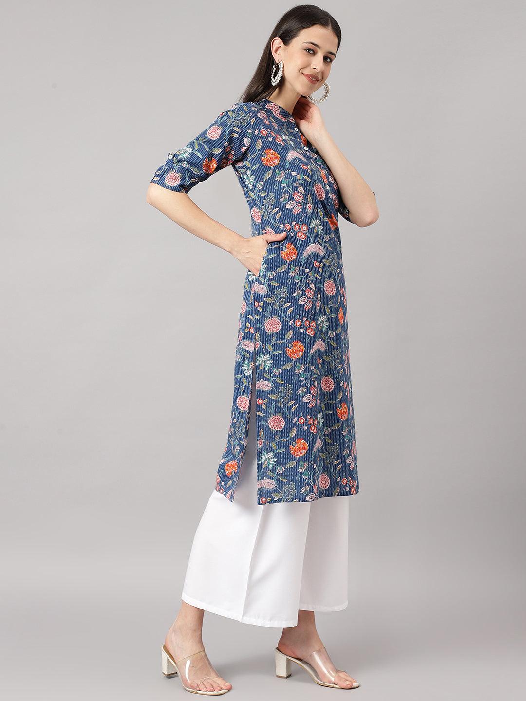 Blue And Orange Cotton Katha Work Straight Kurta | LASVINI - Redefining Indian Fashion with Elegance