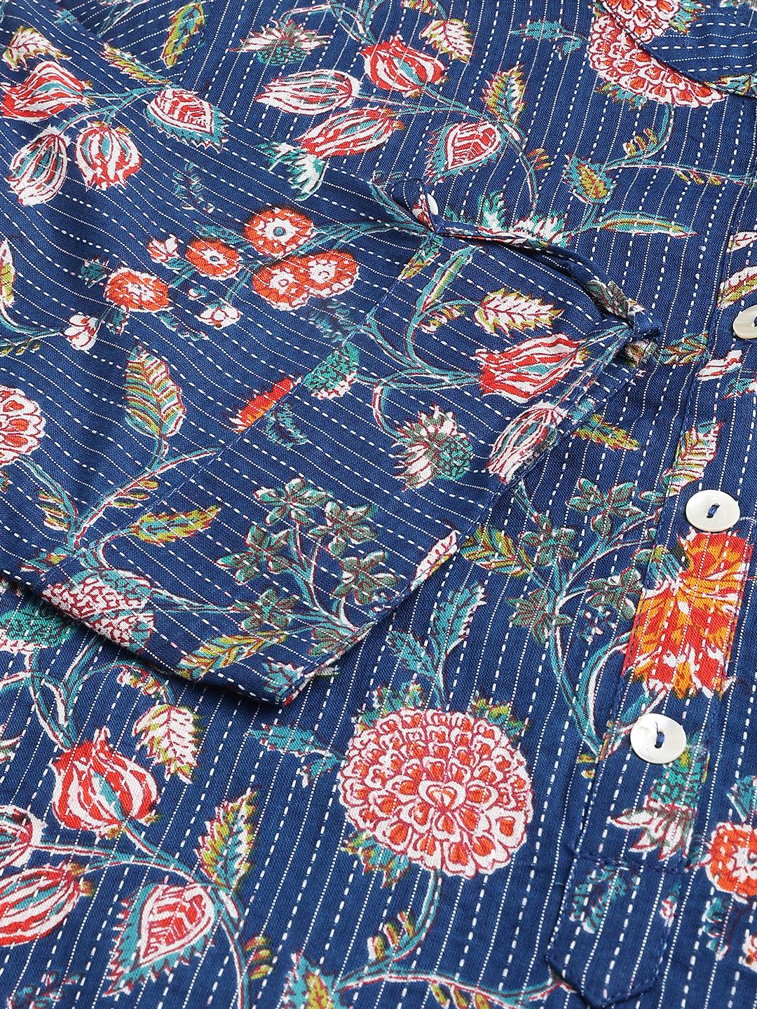 Blue And Orange Cotton Katha Work Straight Kurta | LASVINI - Redefining Indian Fashion with Elegance