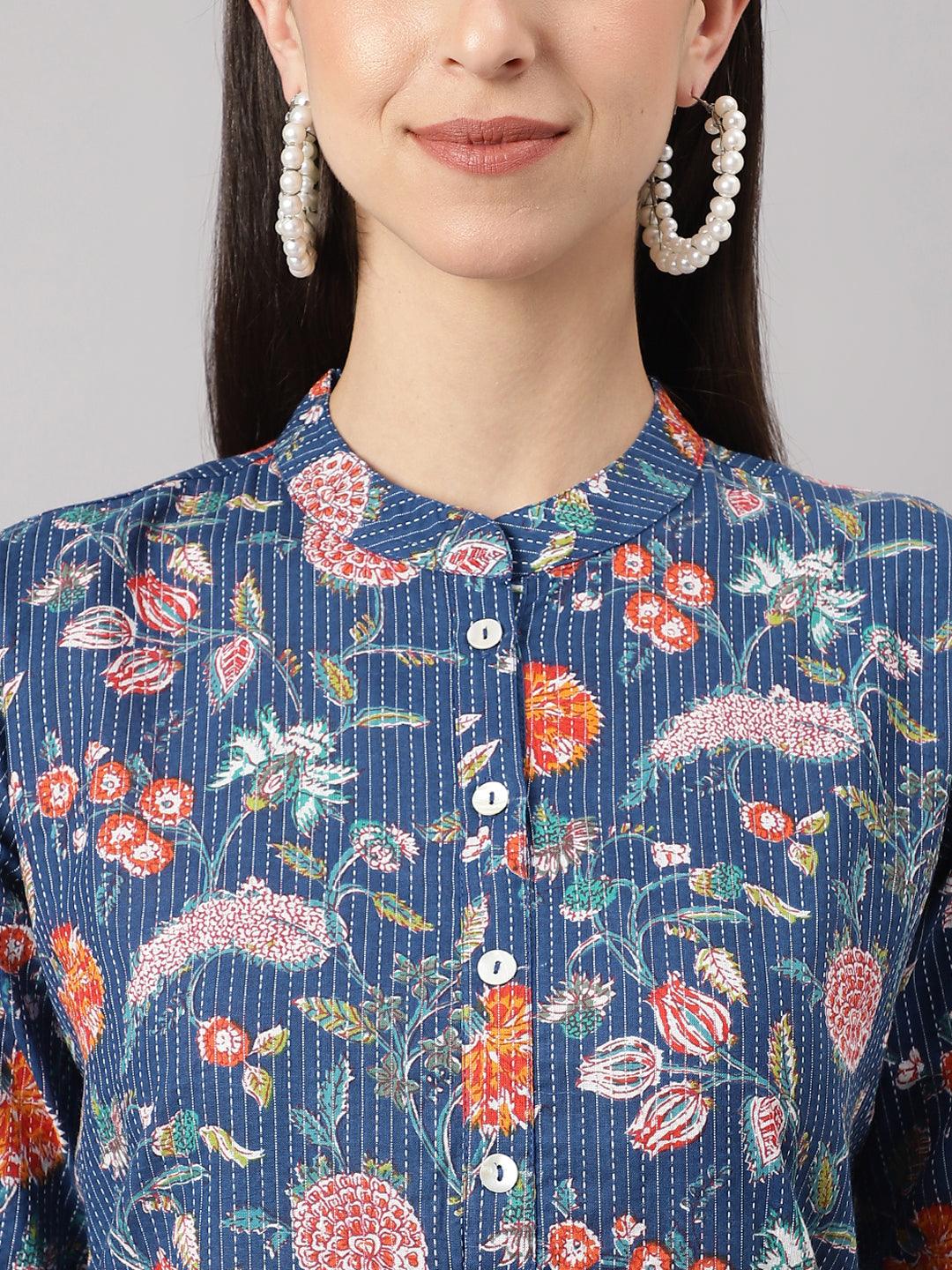 Blue And Orange Cotton Katha Work Straight Kurta | LASVINI - Redefining Indian Fashion with Elegance