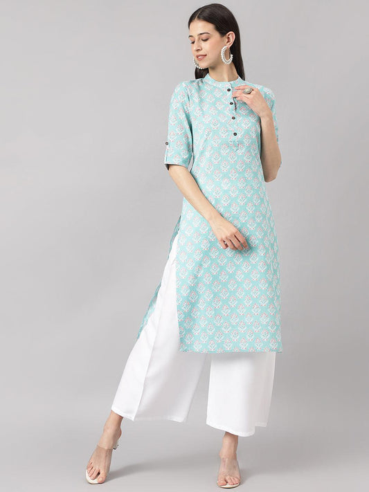 Sea Green Cotton Katha Work Straight Kurta | LASVINI - Redefining Indian Fashion with Elegance
