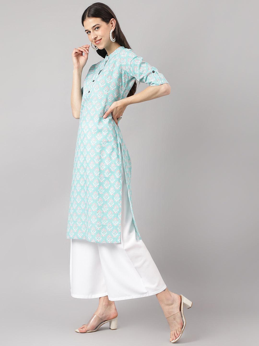 Sea Green Cotton Katha Work Straight Kurta | LASVINI - Redefining Indian Fashion with Elegance