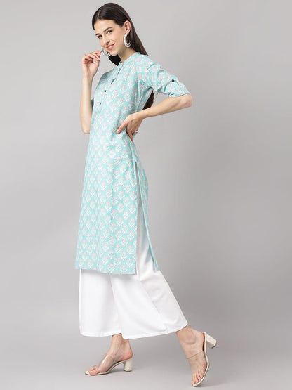Sea Green Cotton Katha Work Straight Kurta | LASVINI - Redefining Indian Fashion with Elegance