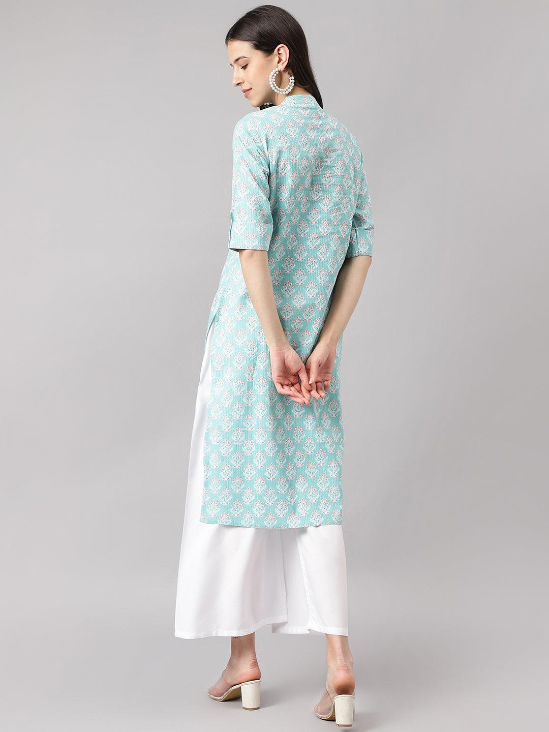 Sea Green Cotton Katha Work Straight Kurta | LASVINI - Redefining Indian Fashion with Elegance