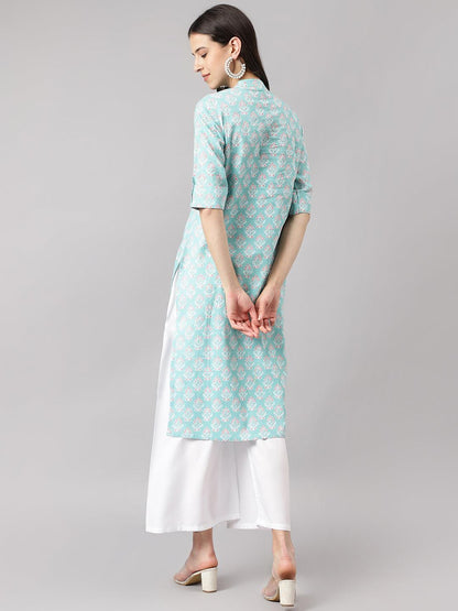 Sea Green Cotton Katha Work Straight Kurta | LASVINI - Redefining Indian Fashion with Elegance