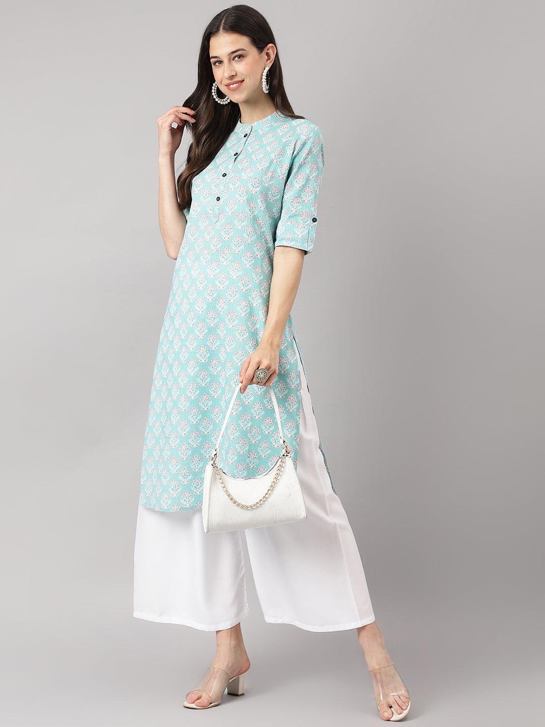 Sea Green Cotton Katha Work Straight Kurta | LASVINI - Redefining Indian Fashion with Elegance