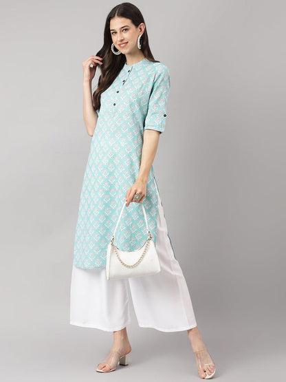 Sea Green Cotton Katha Work Straight Kurta | LASVINI - Redefining Indian Fashion with Elegance
