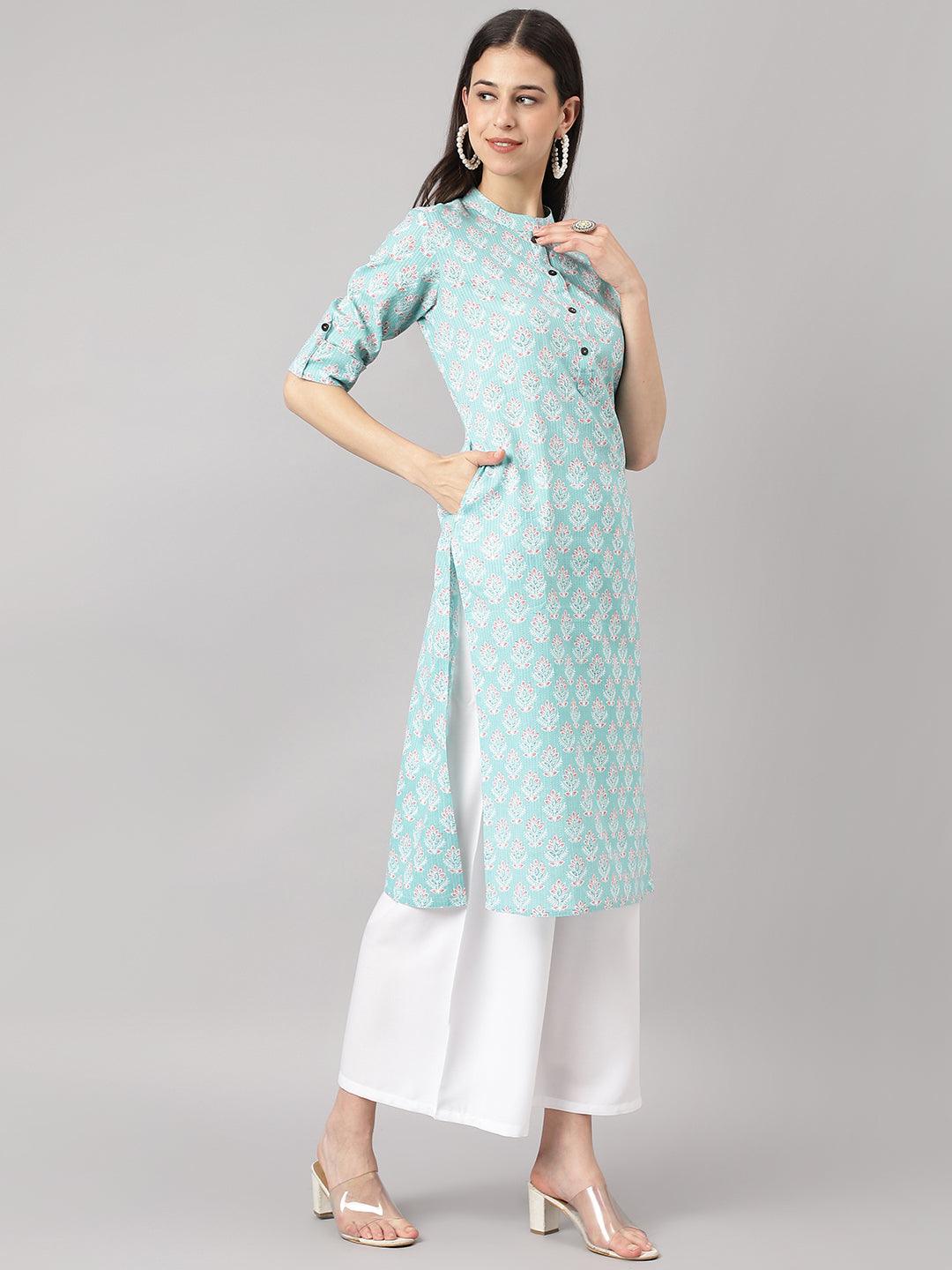 Sea Green Cotton Katha Work Straight Kurta | LASVINI - Redefining Indian Fashion with Elegance