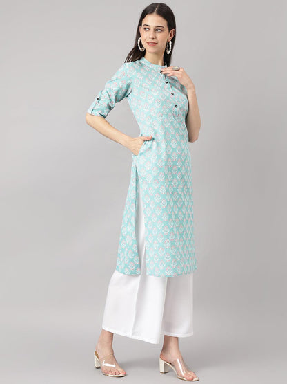 Sea Green Cotton Katha Work Straight Kurta | LASVINI - Redefining Indian Fashion with Elegance