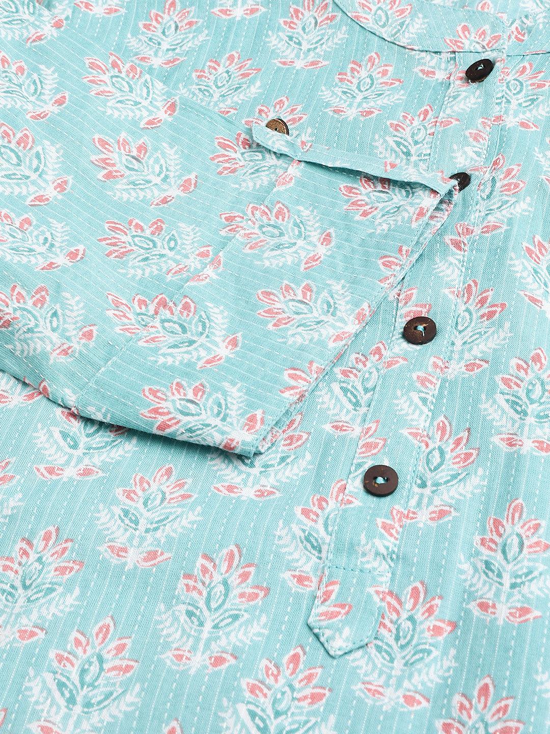 Sea Green Cotton Katha Work Straight Kurta | LASVINI - Redefining Indian Fashion with Elegance