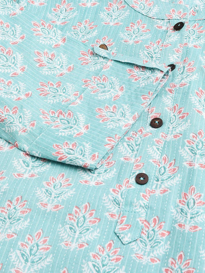 Sea Green Cotton Katha Work Straight Kurta | LASVINI - Redefining Indian Fashion with Elegance