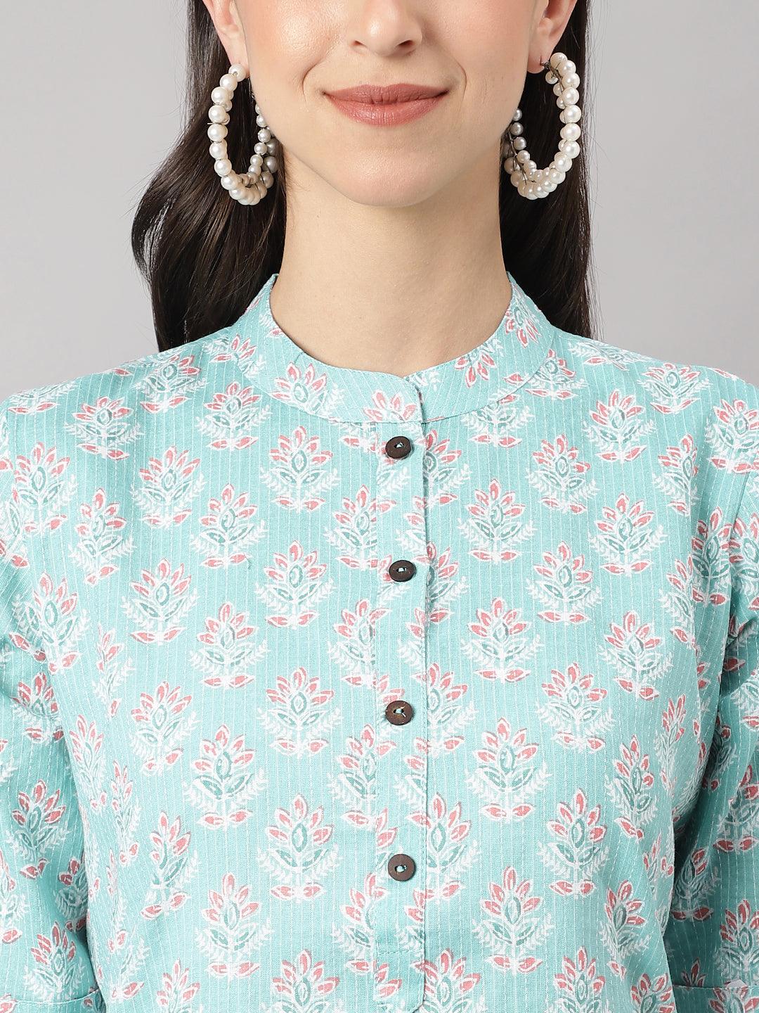 Sea Green Cotton Katha Work Straight Kurta | LASVINI - Redefining Indian Fashion with Elegance