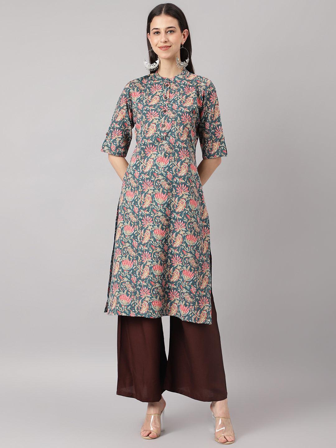 Bottle Green Cotton Katha Work Straight Kurta | LASVINI - Redefining Indian Fashion with Elegance