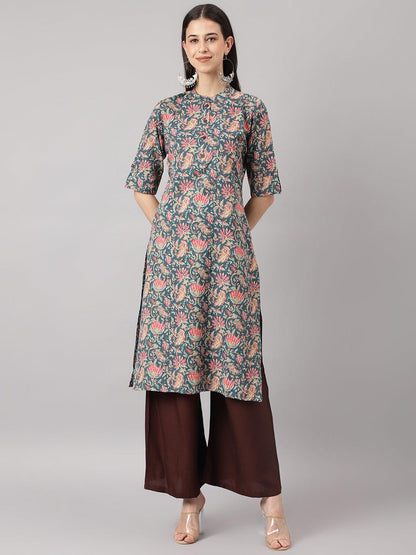 Bottle Green Cotton Katha Work Straight Kurta | LASVINI - Redefining Indian Fashion with Elegance