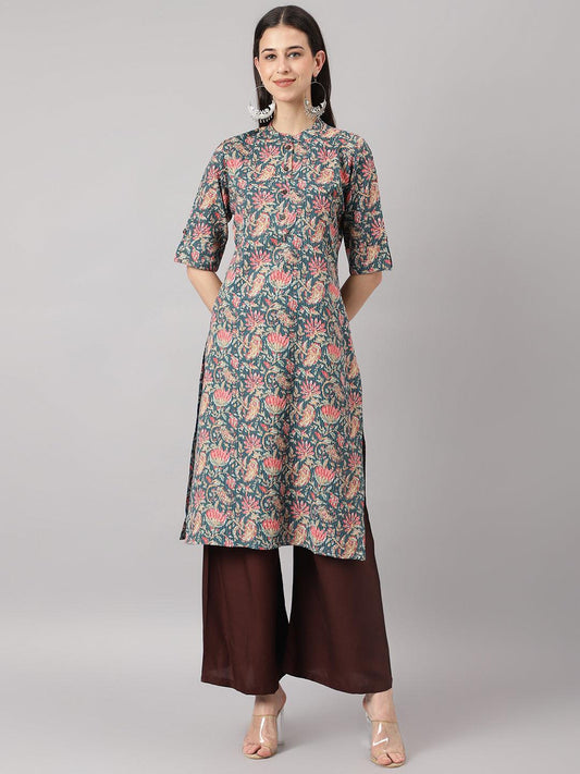 Bottle Green Cotton Katha Work Straight Kurta | LASVINI - Redefining Indian Fashion with Elegance