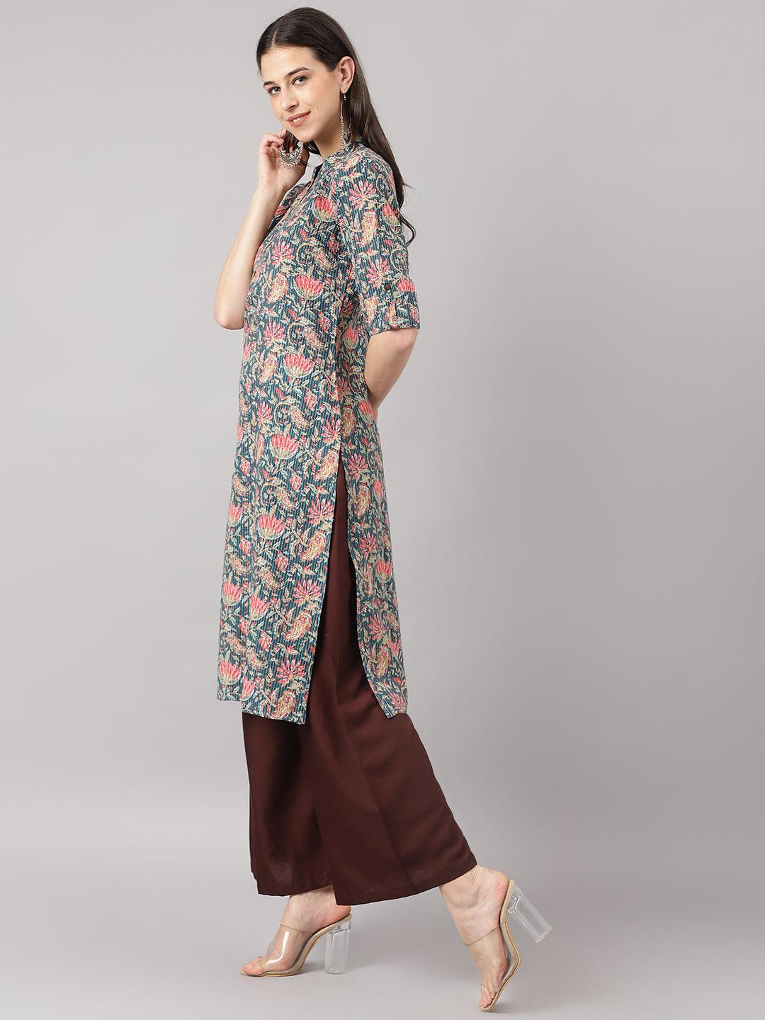 Bottle Green Cotton Katha Work Straight Kurta | LASVINI - Redefining Indian Fashion with Elegance