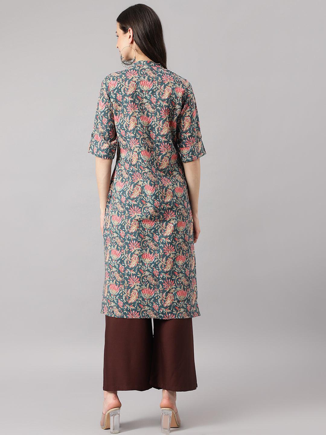 Bottle Green Cotton Katha Work Straight Kurta | LASVINI - Redefining Indian Fashion with Elegance