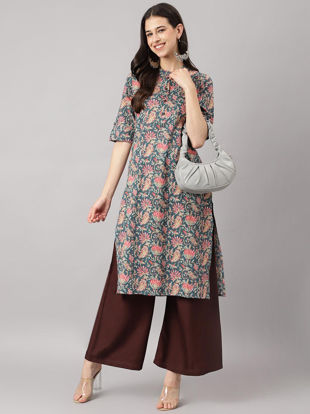 Bottle Green Cotton Katha Work Straight Kurta | LASVINI - Redefining Indian Fashion with Elegance
