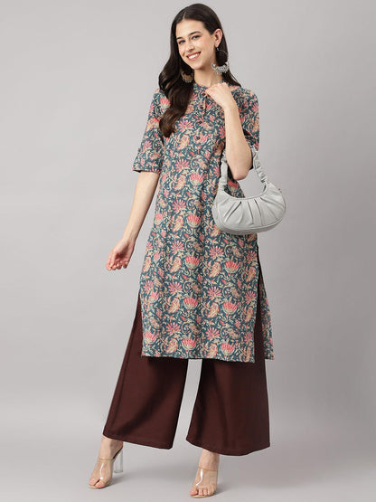 Bottle Green Cotton Katha Work Straight Kurta | LASVINI - Redefining Indian Fashion with Elegance