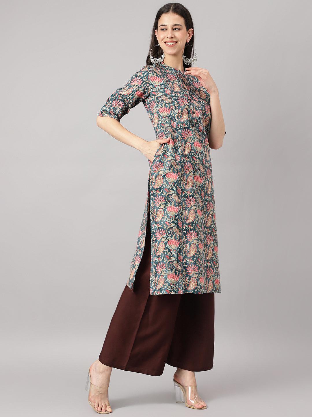 Bottle Green Cotton Katha Work Straight Kurta | LASVINI - Redefining Indian Fashion with Elegance
