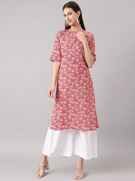 Red And Beige Cotton Katha Work Straight Kurta | LASVINI - Redefining Indian Fashion with Elegance
