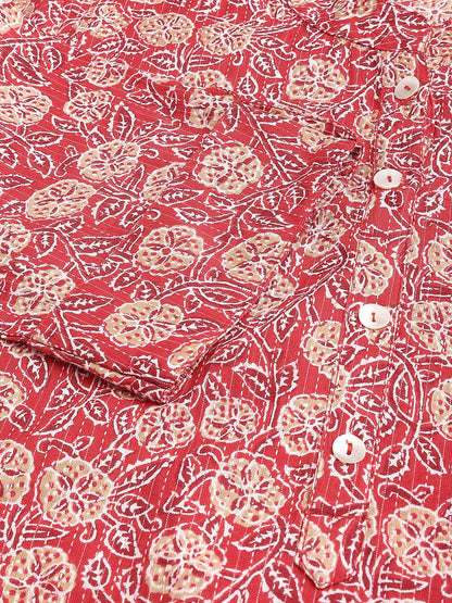 Red And Beige Cotton Katha Work Straight Kurta | LASVINI - Redefining Indian Fashion with Elegance