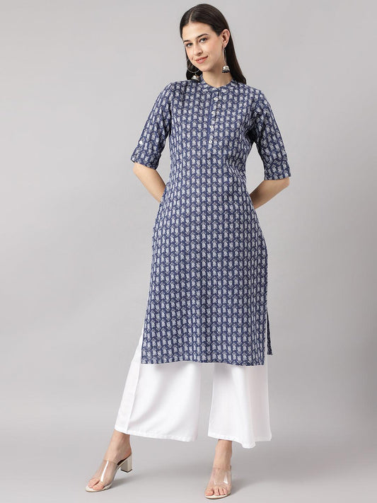 Blue And Gray Cotton Katha Work Straight Kurta | LASVINI - Redefining Indian Fashion with Elegance
