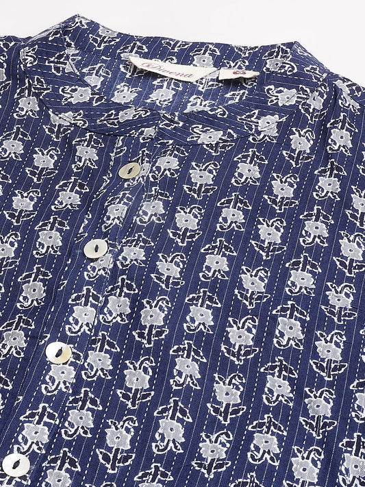 Blue And Gray Cotton Katha Work Straight Kurta | LASVINI - Redefining Indian Fashion with Elegance