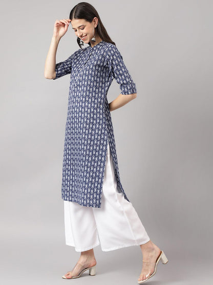 Blue And Gray Cotton Katha Work Straight Kurta | LASVINI - Redefining Indian Fashion with Elegance