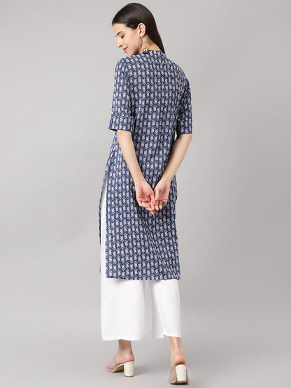 Blue And Gray Cotton Katha Work Straight Kurta | LASVINI - Redefining Indian Fashion with Elegance